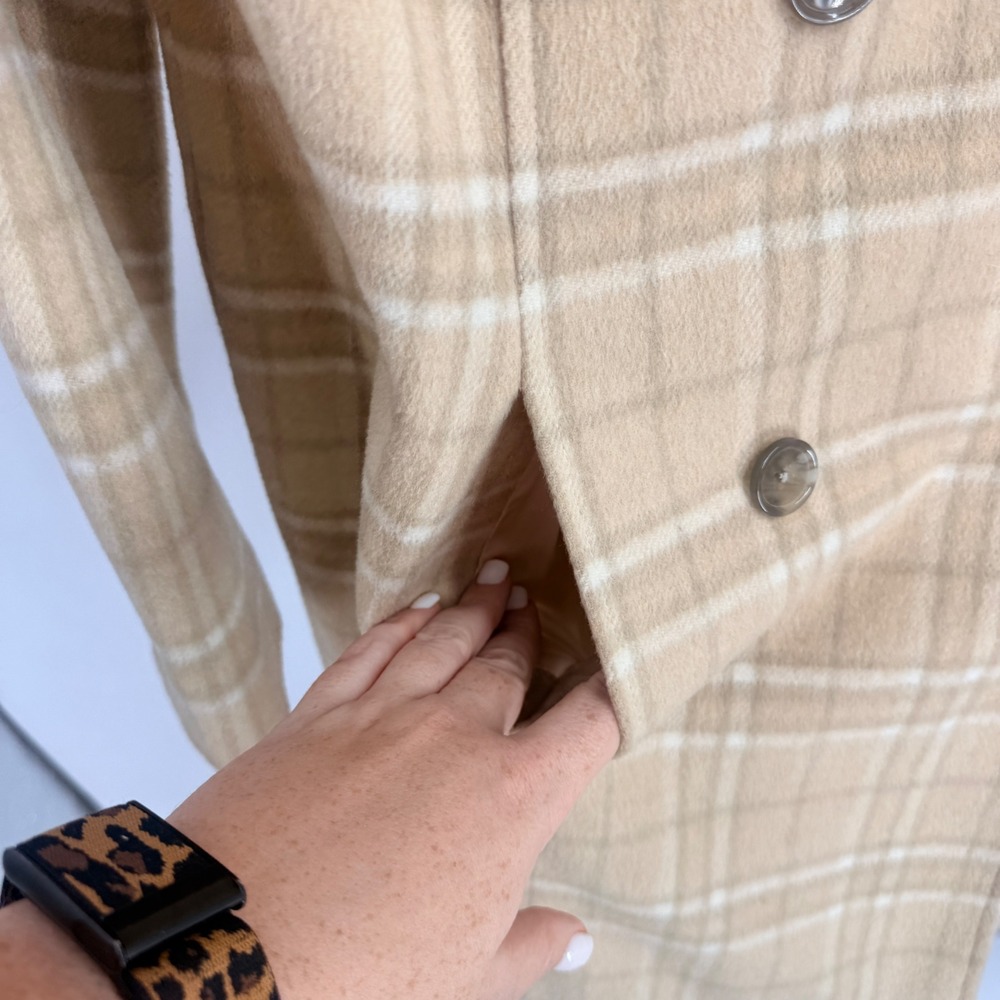 Sundance Tan Plaid Wool Blend Double Breasted Pea Coat Jacket M Neutral Fall - Picture 5 of 7